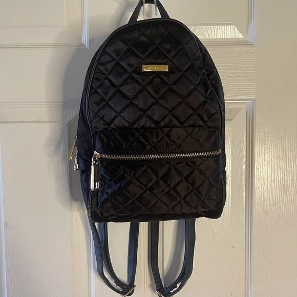 Aldo black satin quilted small backpack pre owned - Picture 1 of 12